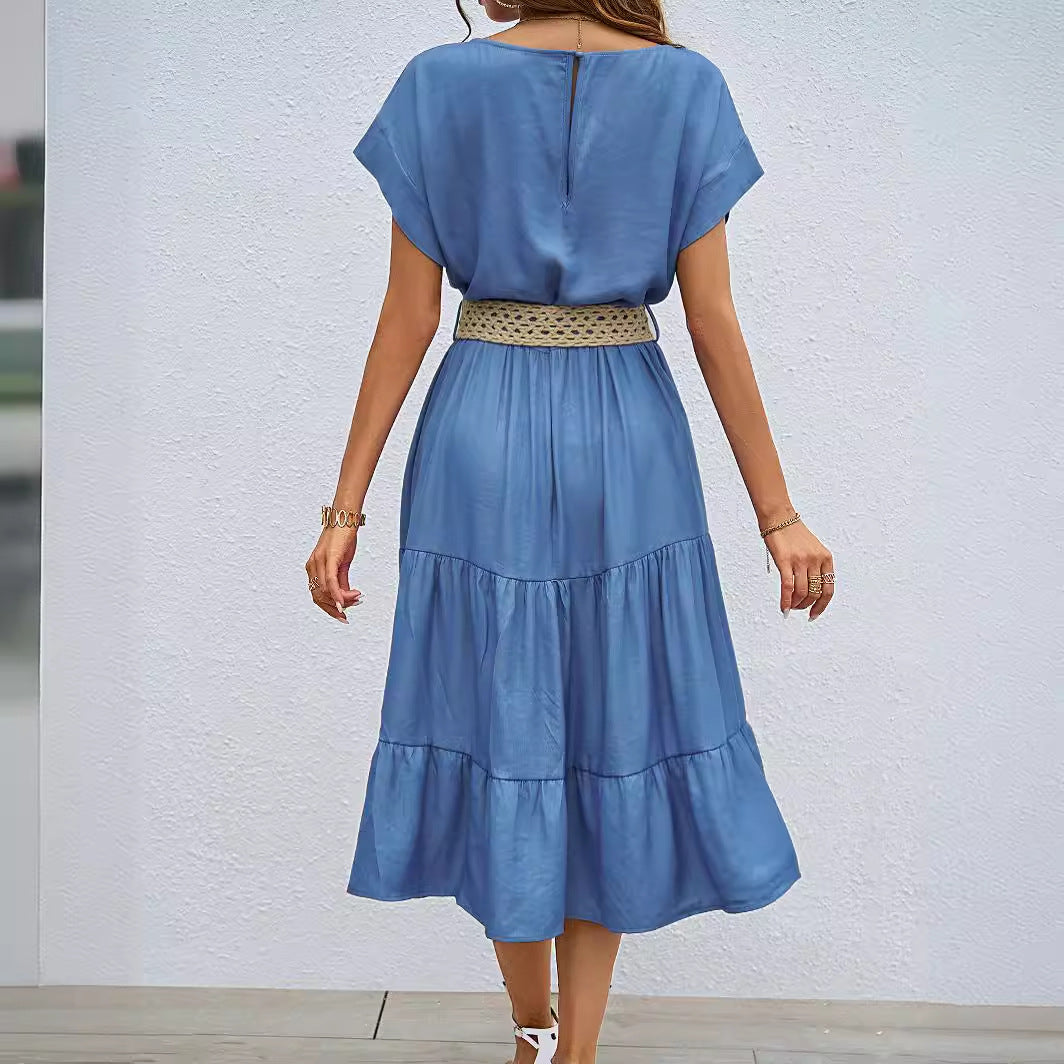 Damen lässiges Midi-Kleid mit elegantem Volant und taillierbarem Gürtel WW