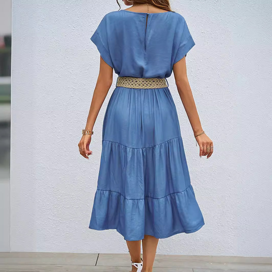 Damen lässiges Midi-Kleid mit elegantem Volant und taillierbarem Gürtel WW