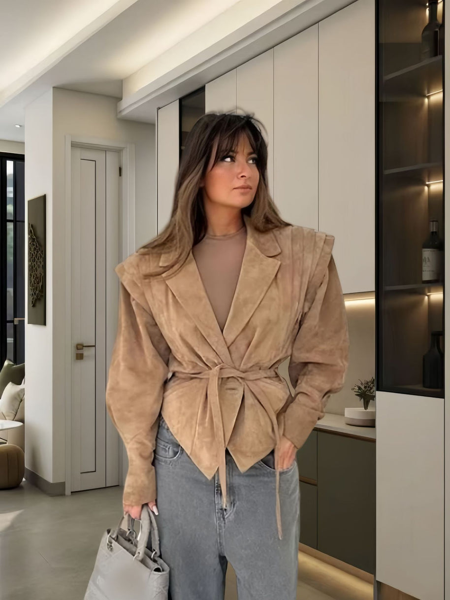 Damen schicke Wollblazerjacke mit Taillengürtel WW