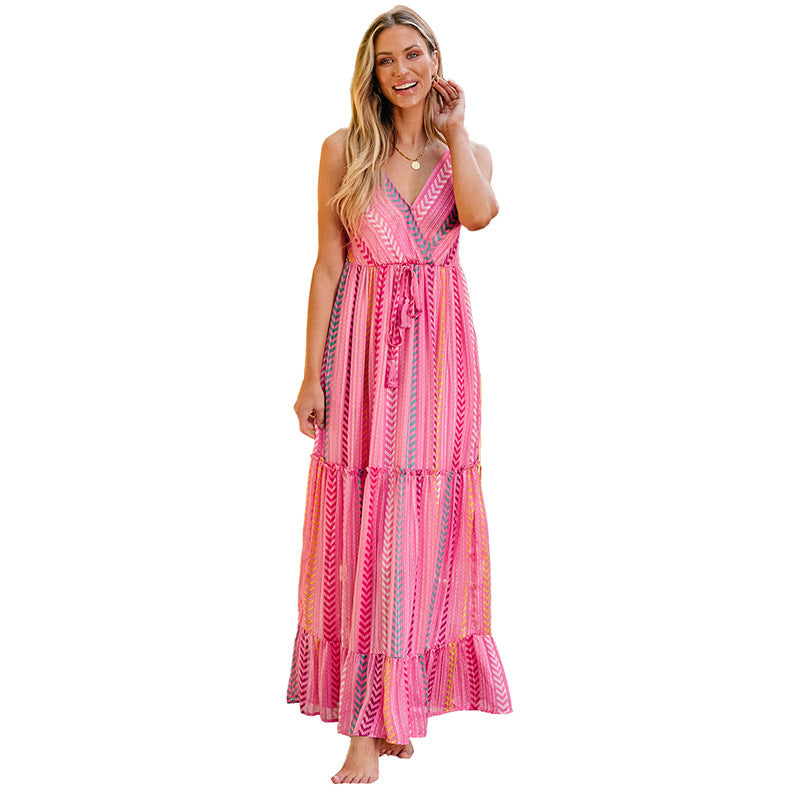 Damen Maxikleid mit V-Ausschnitt und verspieltem Streifenmuster WW