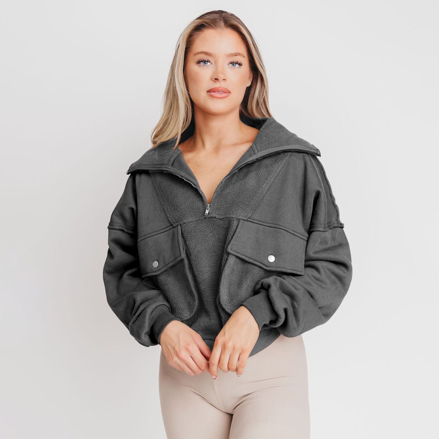Damen Sportlicher Fleece-Pullover mit Reißverschluss und Tasche WW