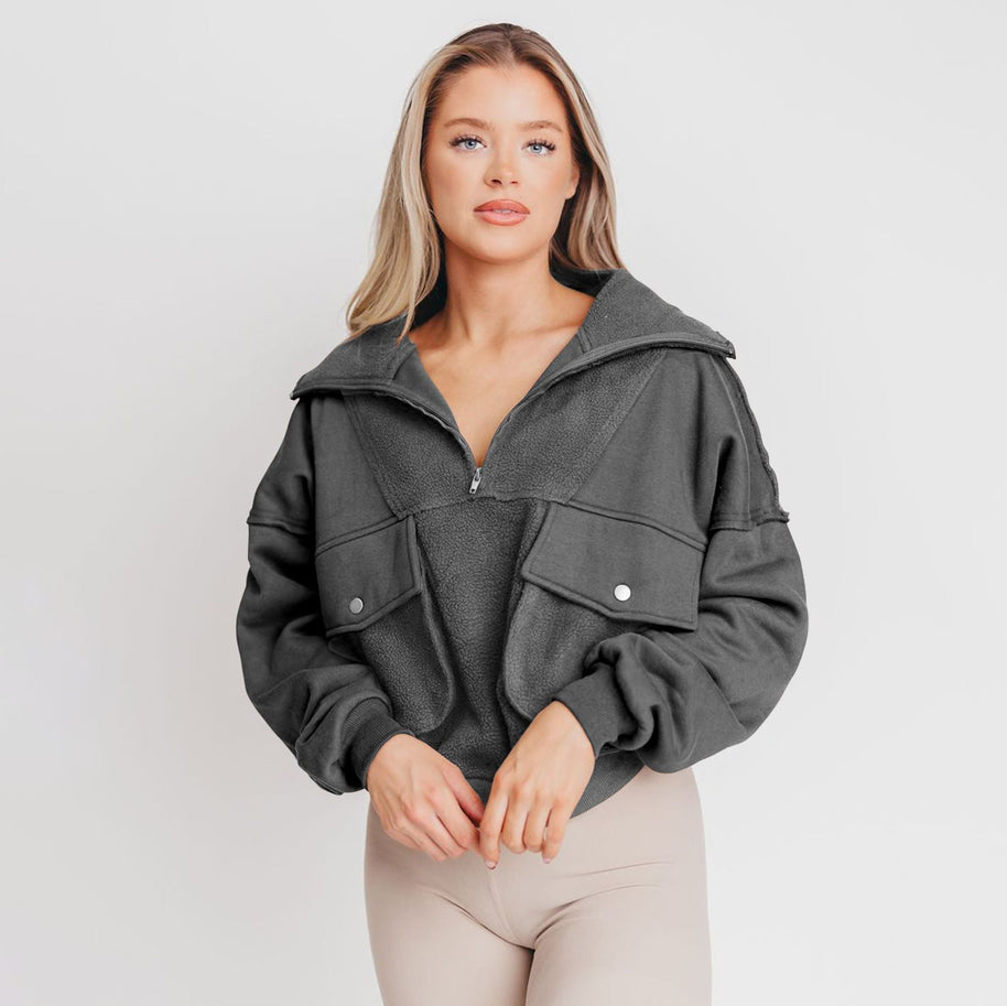 Damen Sportlicher Fleece-Pullover mit Reißverschluss und Tasche WW