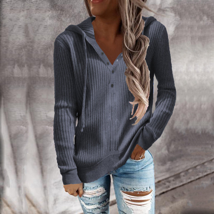 Damen Hoodie mit strukturiertem Rippmuster und knöpfbarem Ausschnitt W&W Mode