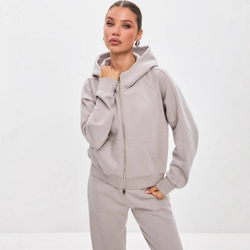 Damen sportliches Fleece-Hoodie-Set mit verschließbarem Reißverschluss WW