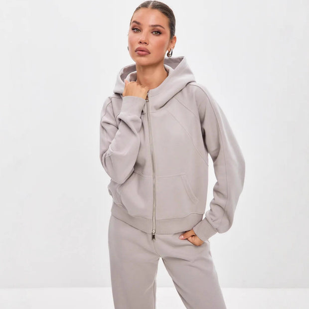Damen sportliches Fleece-Hoodie-Set mit verschließbarem Reißverschluss WW