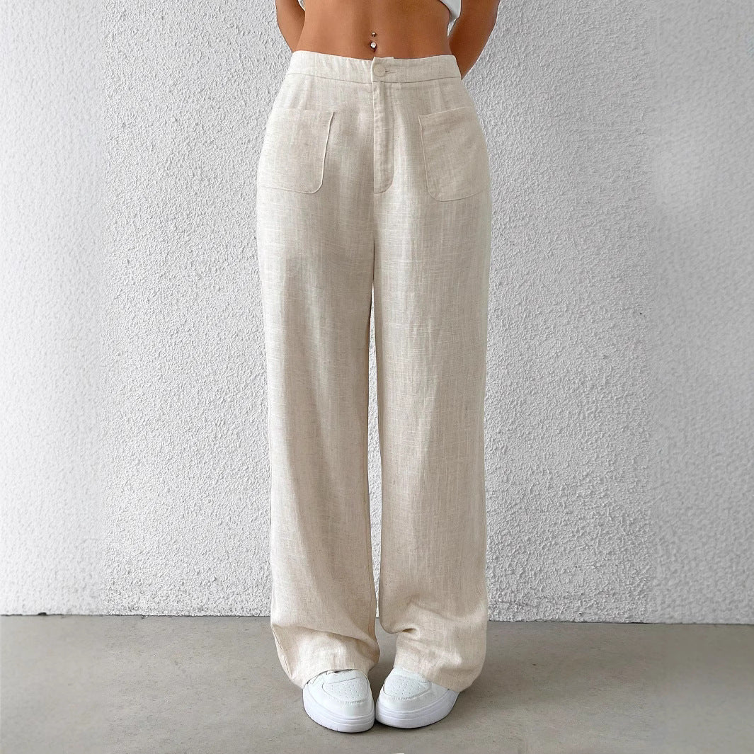 Damen weite Leinenhose mit elastischem Bund und praktischen Taschen WW