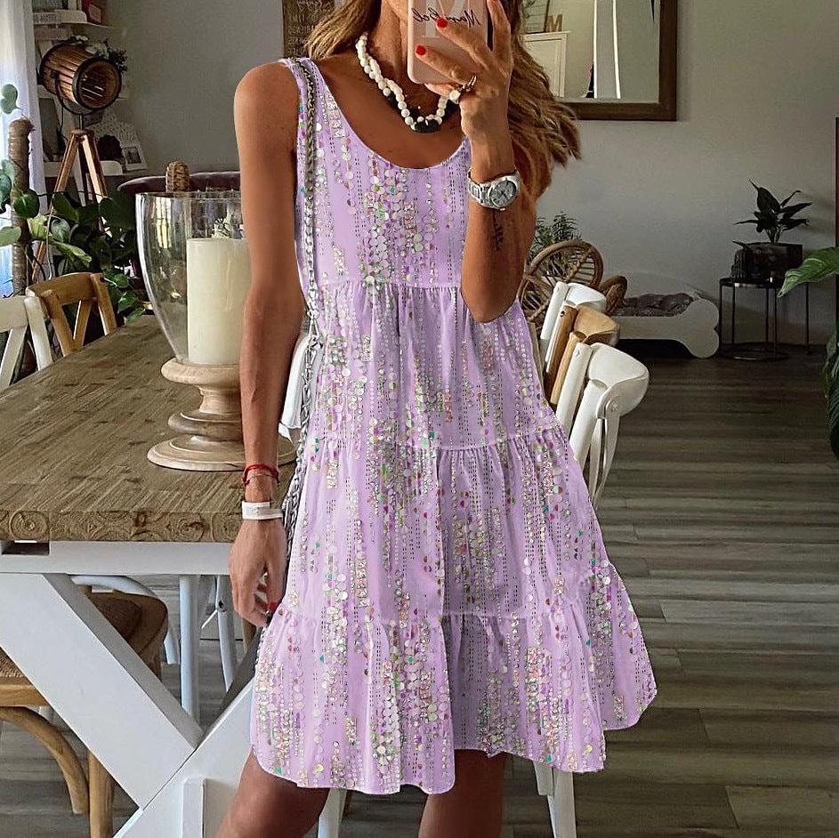Damen luftiges Freizeitkleid mit schwingendem Volant und verspieltem Druck WW