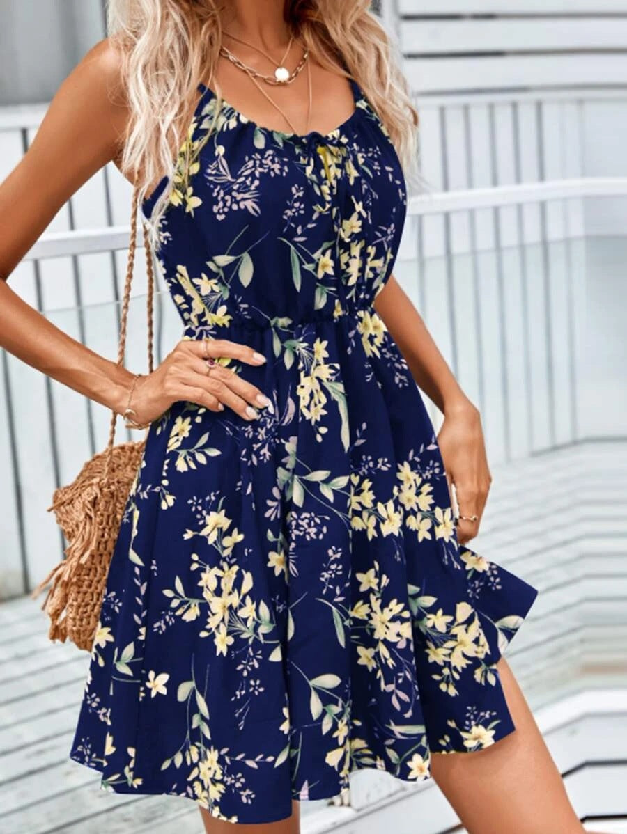 Damen Blumenkleid mit verstellbaren Spaghettiträgern und elastischem Taillenbund WW