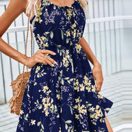 Damen Blumenkleid mit verstellbaren Spaghettiträgern und elastischem Taillenbund WW