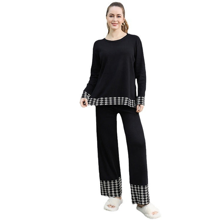 Damen stilvolles Strick-Loungewear-Set mit dekorativen Kontrastabschlüssen WW