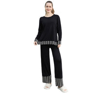 Damen stilvolles Strick-Loungewear-Set mit dekorativen Kontrastabschlüssen WW