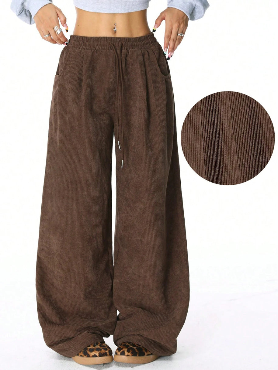Damen Weite Freizeithose aus Rippmaterial mit elastischem Bund und praktischen Taschen WW