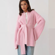 Damen Strickjacke mit Bindegürtel und weit geschnittenen Ärmeln WW