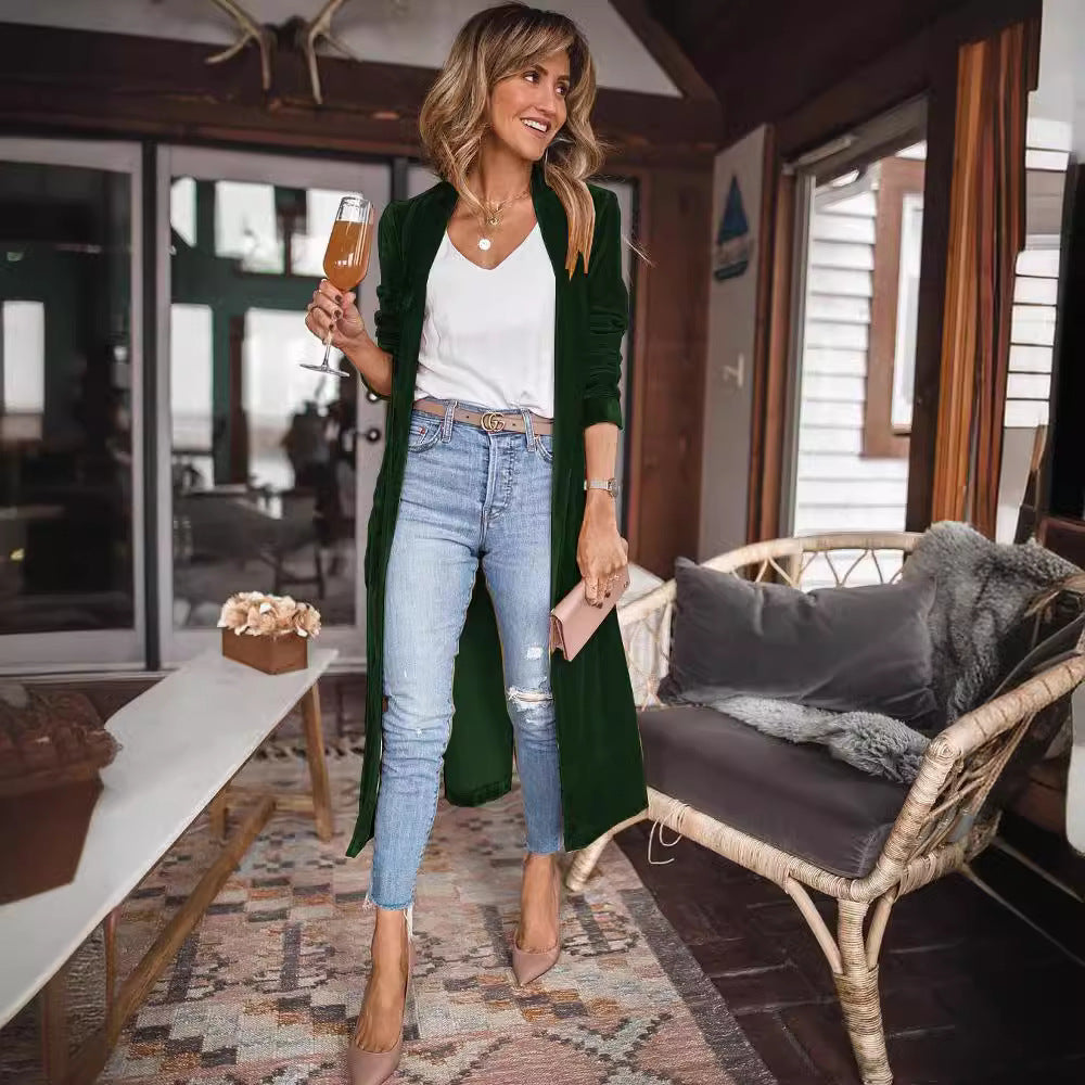 Damen Schicke lange Veloursjacke mit offenem Schnitt WW