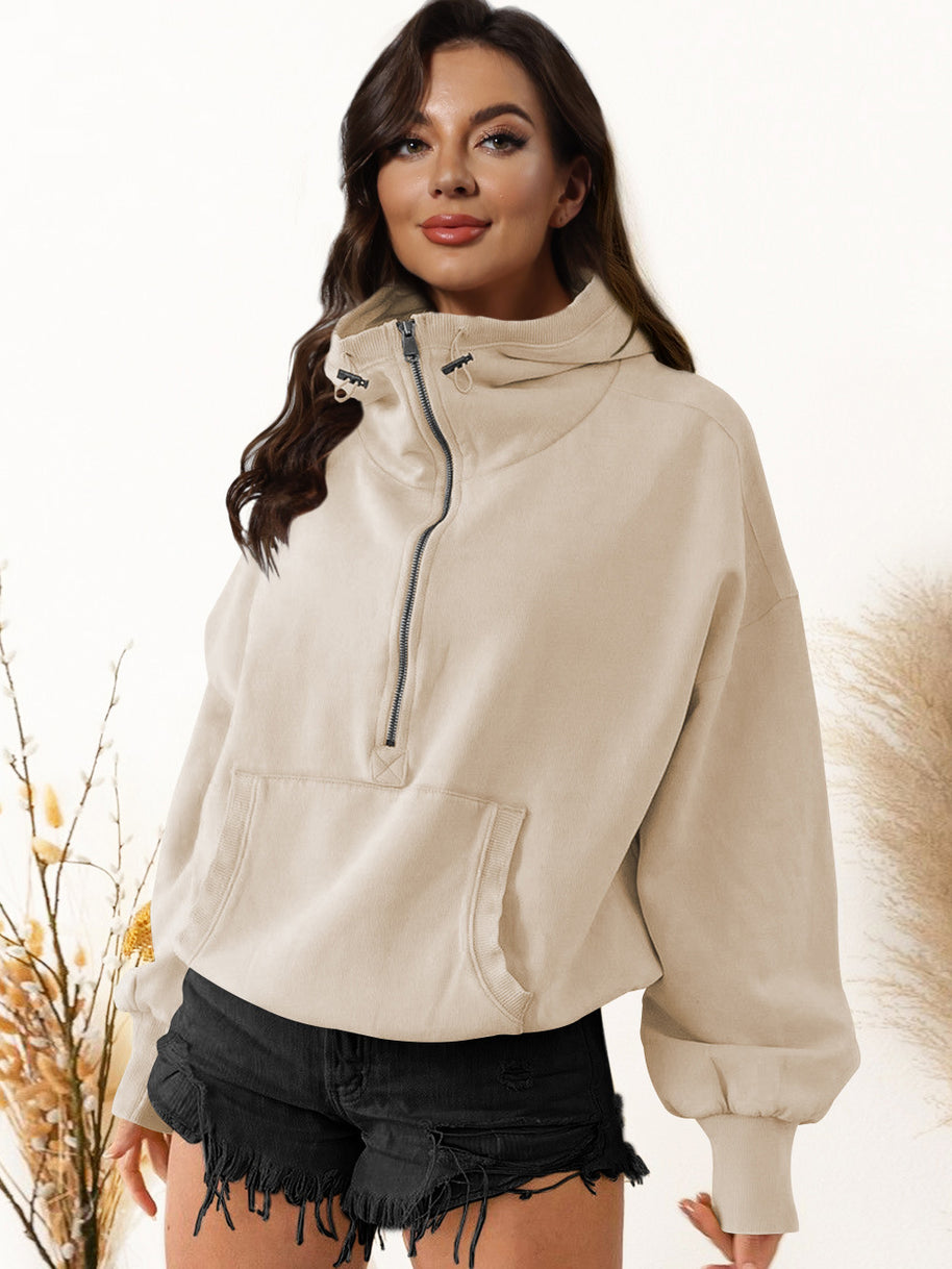 Damen sportlicher Kapuzenpullover mit halbem Reißverschluss und funktionalen Taschen WW