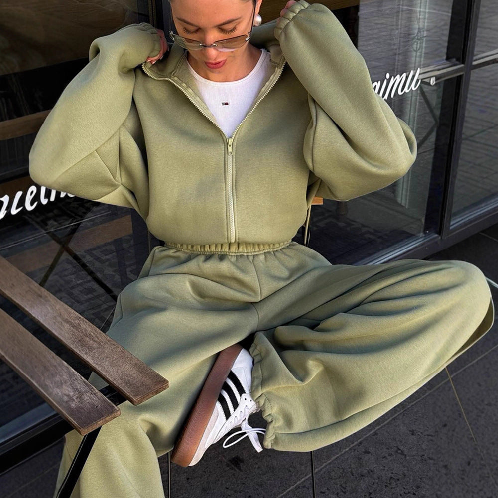 Damen bequemer Fleece-Trainingsanzug mit hohem Kragen und elastischen Bündchen WW