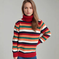 Damen Rollkragenpullover mit farbenfrohen Streifen und hochwertiger Strickqualität WW