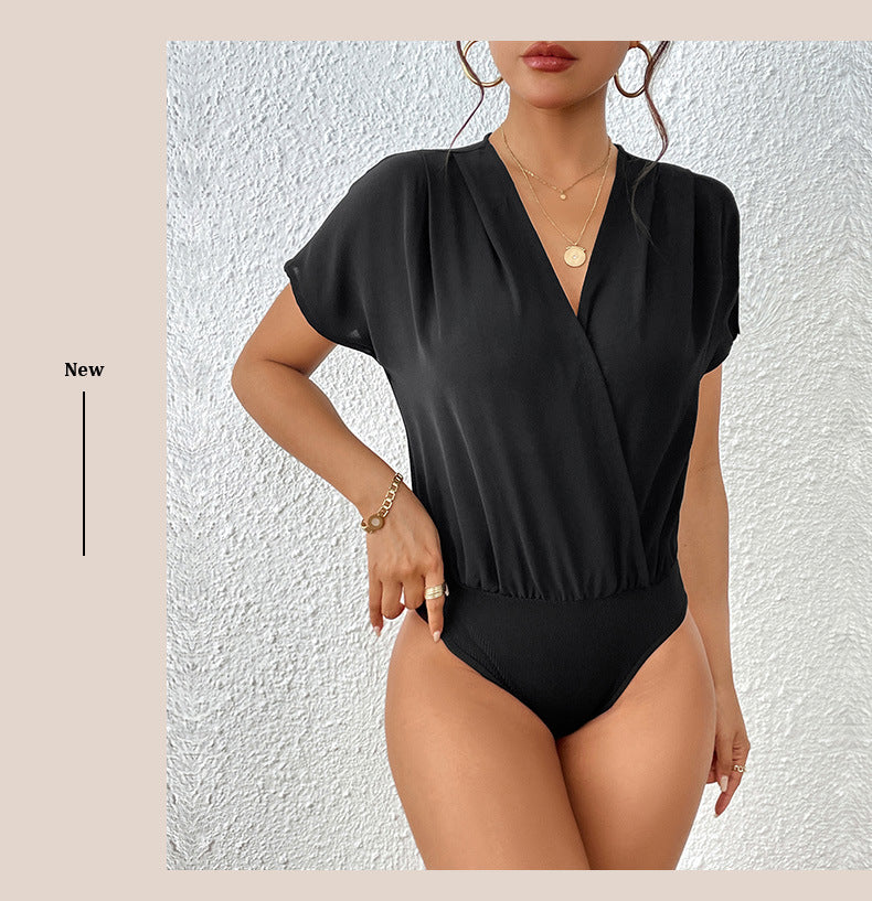 Damen Wickel-Bodysuit mit V-Ausschnitt und eleganten Puffärmeln W&W Mode