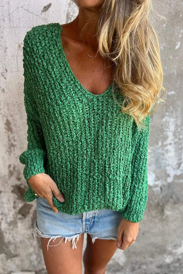 WW Chunky gestrickter V-Ausschnitt gemütlicher langärmeliger Pullover