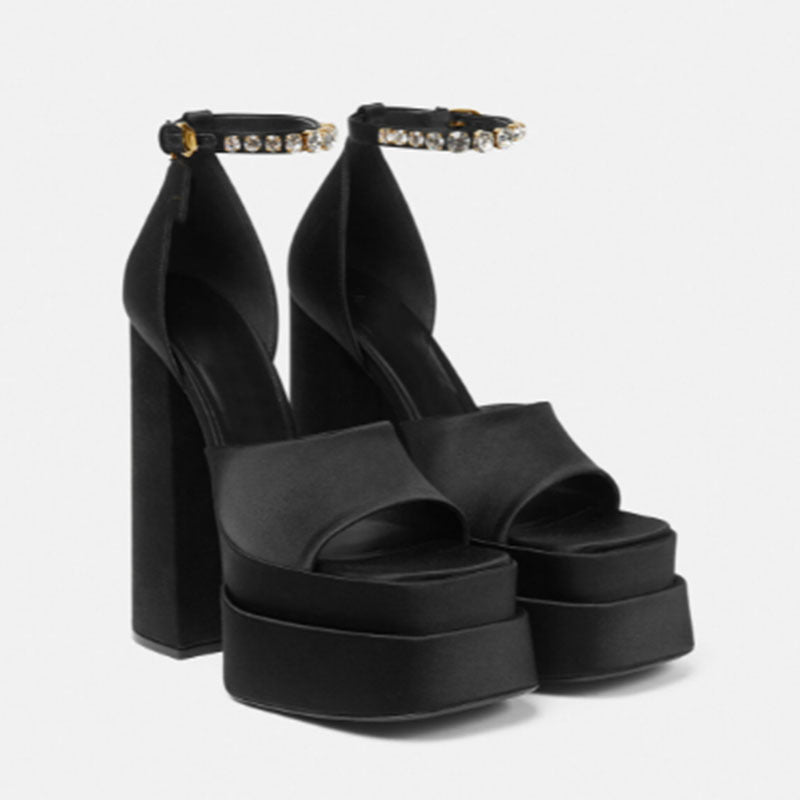 Damen Plattform Peep-Toe High Heels mit Strass Knöchelriemen WW