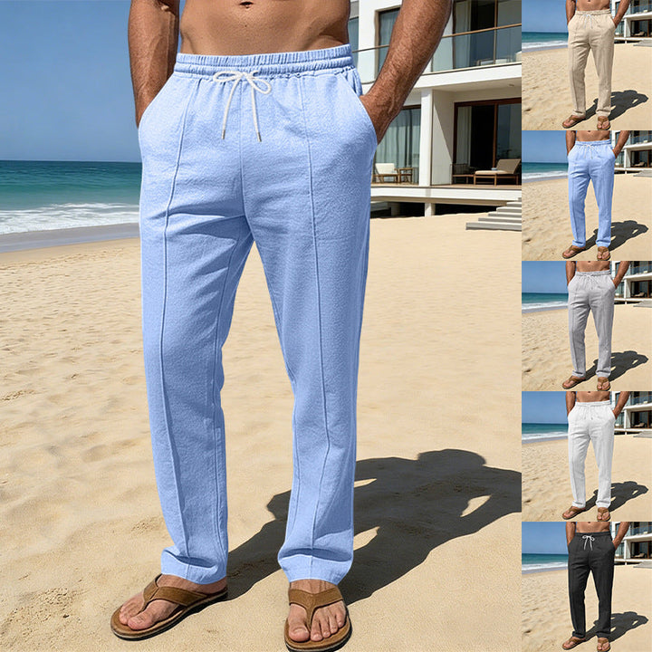 Herren nan atmungsaktive Leinenmisch-Hose mit Tunnelzug Bügelfalte und geradem Bein W&W Mode