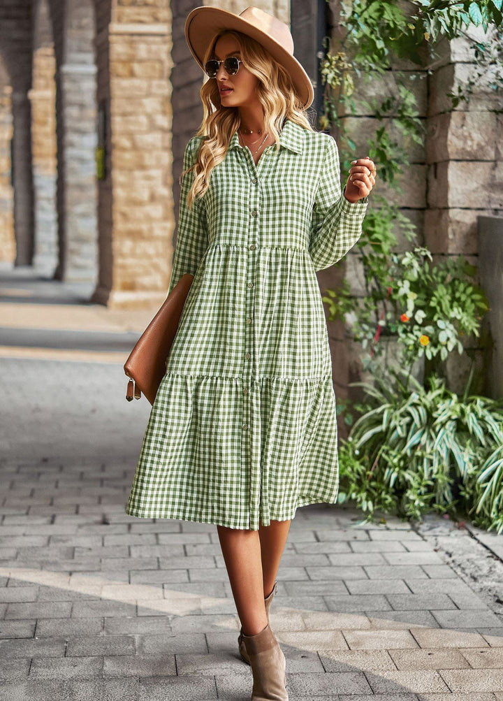 Damen karierte Midi-Bluse mit Knopfleiste und ausgestelltem Rock W&W Mode