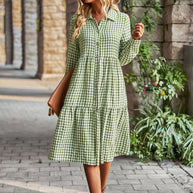 Damen karierte Midi-Bluse mit Knopfleiste und ausgestelltem Rock WW