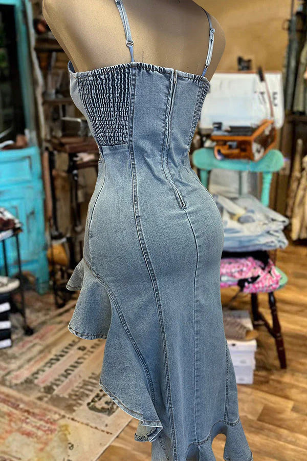 W&W Mode | Rüschensaum Denim Split Kleid
