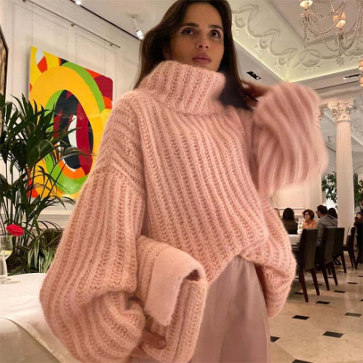 Damen Oversize-Pullover mit hohem Kragen und strukturiertem Zopfstrick W&W Mode