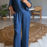 WW | Einfarbiger, seidiger V-Ausschnitt lässiger Anzug