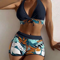 Damen Sportliches Bikini-Set mit geflochtenem Oberteil und gemusterter Shorts WW