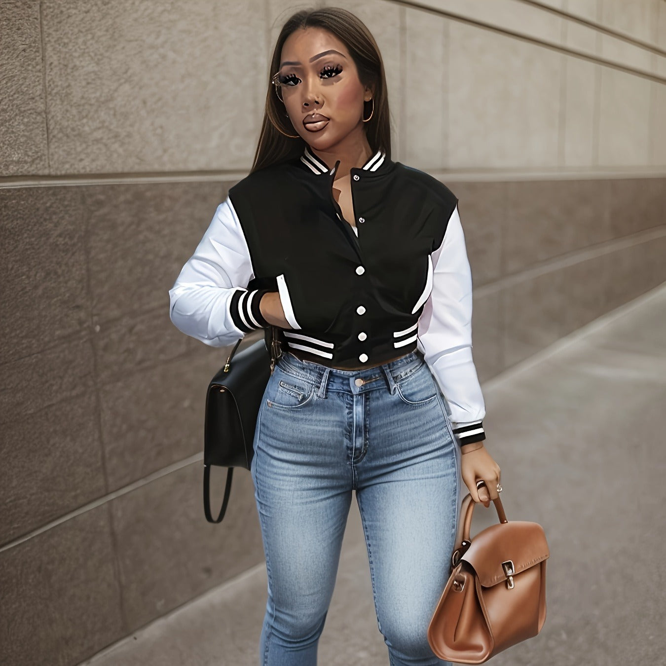 Damen Sportliche Varsity-Jacke mit Kontrastdetails und Knopfleiste WW