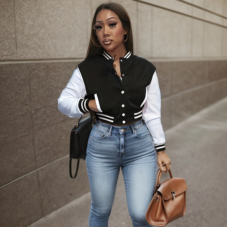 Damen Sportliche Varsity-Jacke mit Kontrastdetails und Knopfleiste WW