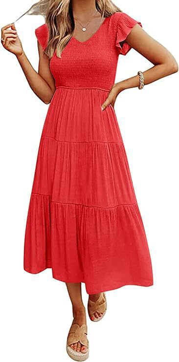 Damen Viskose Maxikleid mit voluminösen Rüschendetails und elastischem Taillenzug WW