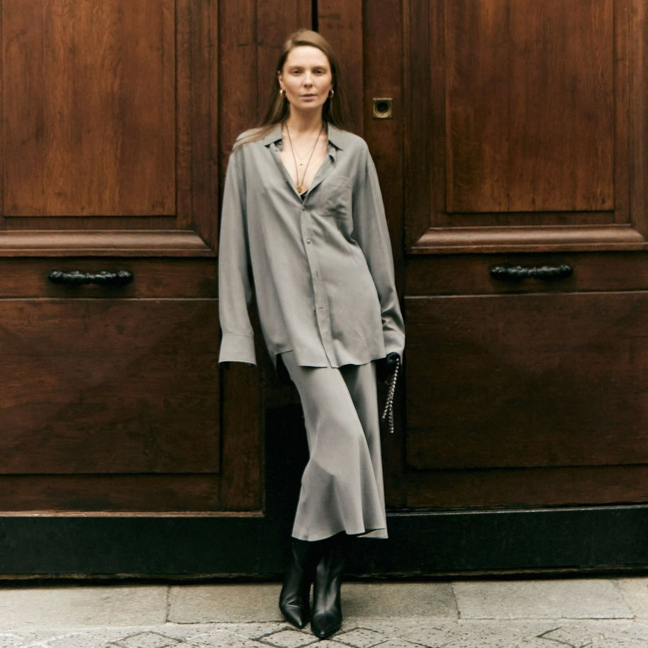 Damen stilvolles Oversized-Hemd und Palazzo-Hose-Set WW