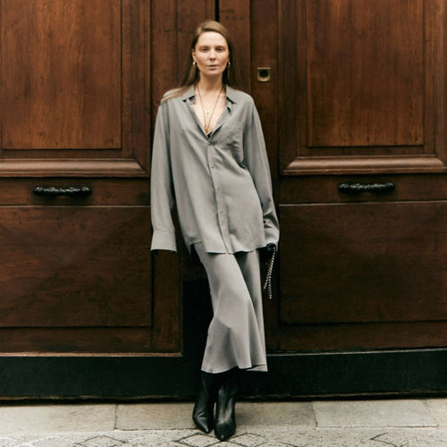 Damen stilvolles Oversized-Hemd und Palazzo-Hose-Set WW