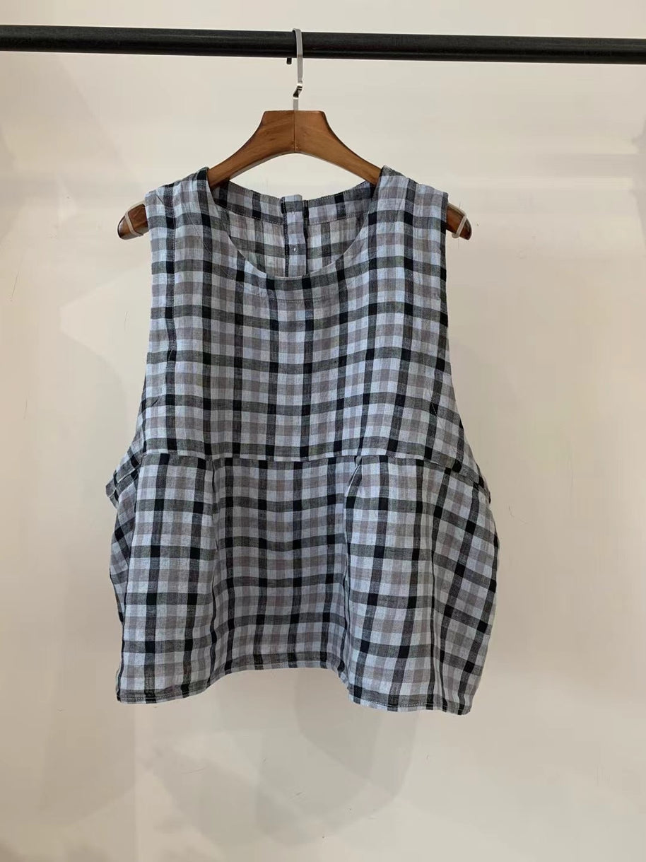 Damen Relaxed Fit Ärmelloses Leinenoberteil mit Seitentaschen WW