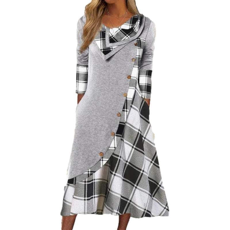 W&W Mode | Plaid Gespalten Knopf Tasche Gestapelte Kragen Langarmkleid