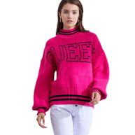 Damen sportlicher Pullover mit hohem Kragen und modischem Schriftzug WW