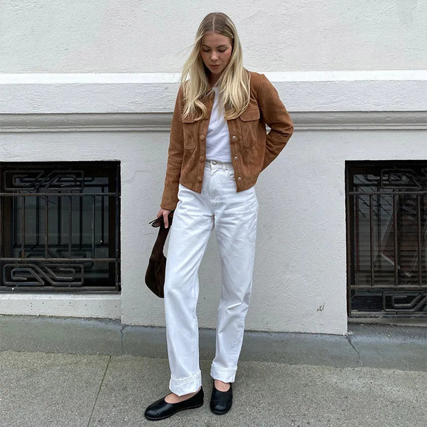 Damen klassische Wildlederjacke mit aufgesetzten Taschen und sportlichem Schnitt W&W