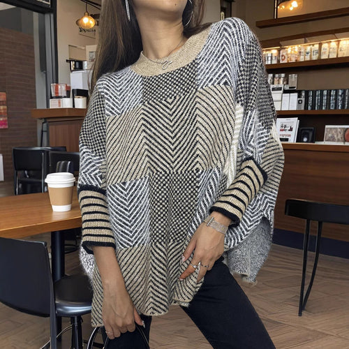 Damen asymmetrischer Strickpullover mit Zickzackmuster WW