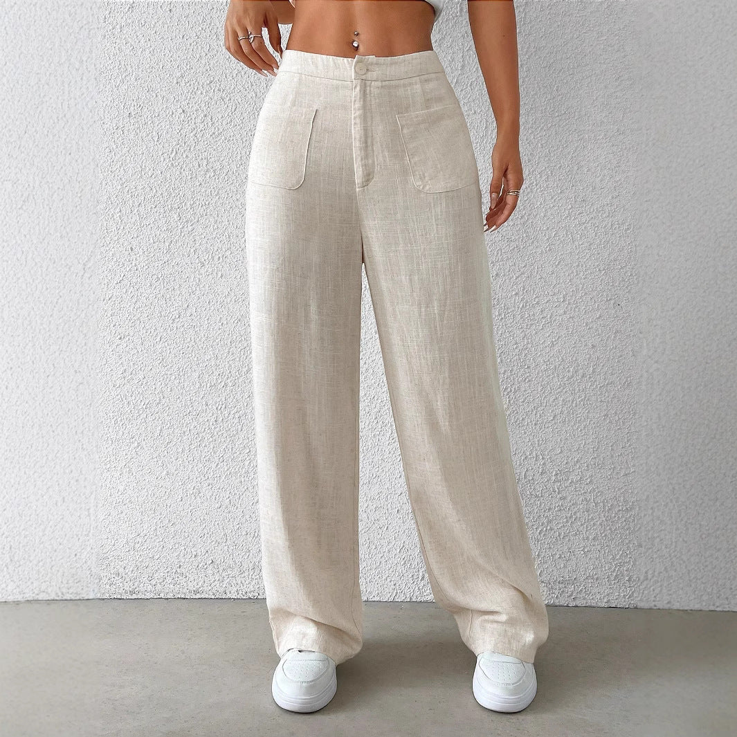 Damen weite Leinenhose mit elastischem Bund und praktischen Taschen WW