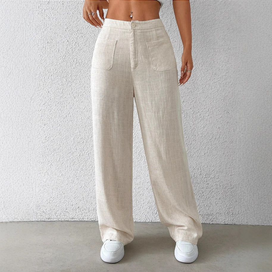 Damen weite Leinenhose mit elastischem Bund und praktischen Taschen WW