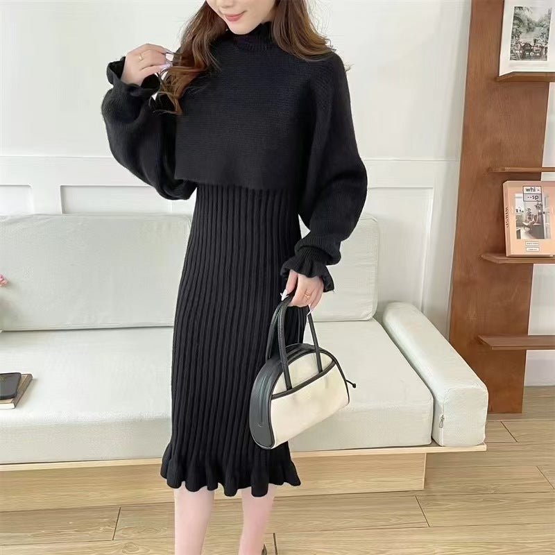 Damen Strickkleid mit hochgeschlossenem Kragen und Rippstruktur WW