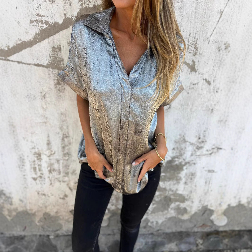 Damen Kurzarm-Seidenbluse mit elegantem Glanz und modischem Revers WW