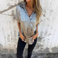 Damen Kurzarm-Seidenbluse mit elegantem Glanz und modischem Revers WW