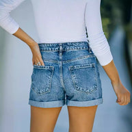Damen Destroyed Denim-Shorts mit hohem Bund und ausgefranstem Saum WW