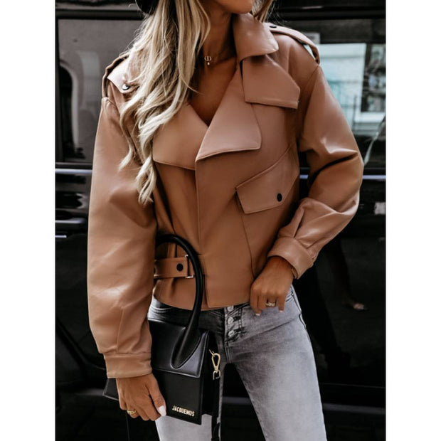 Damen Bikerjacke aus Kunstleder mit eleganter Schnalle und Taschen WW