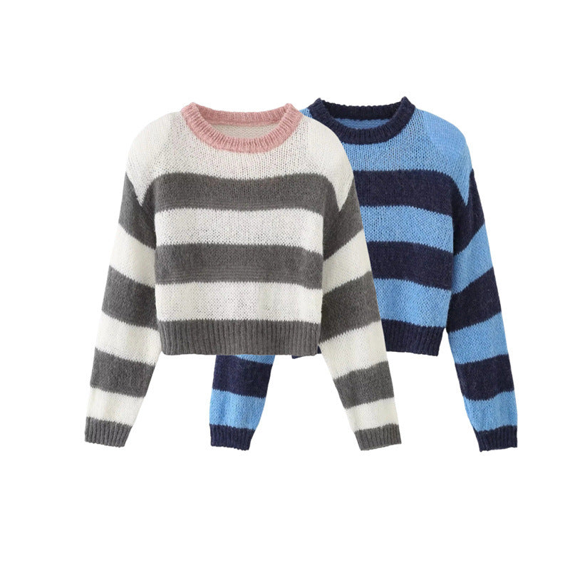 Damen Cropped Strickpullover mit maritimem Streifenmuster und Rundhalsausschnitt W&W Mode