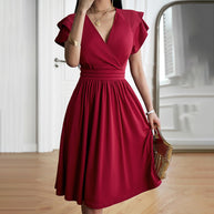 WW | V-neck Solid Color Short Sleeve Dress for Women